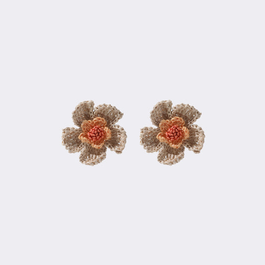 Beige & Coral Crochet Flower Stud Earrings
