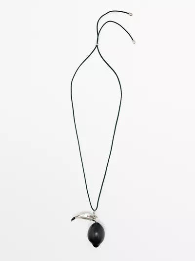 Black Cord Black Resin Lemon Pendant Necklace