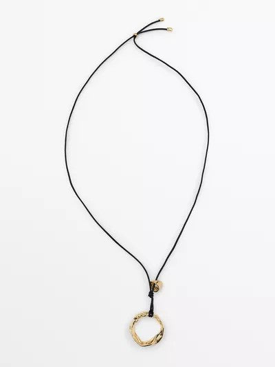 Black Cord Gold Sculptural Circle Pendant Necklace