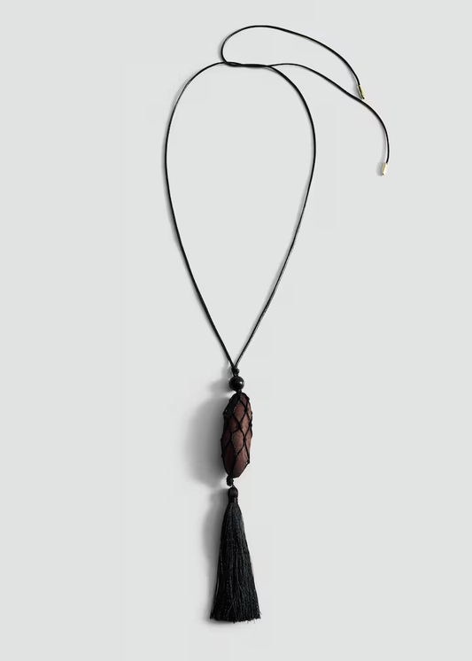 Black Cord Net Wrapped Stone Tassel Pendant Adjustable Necklace