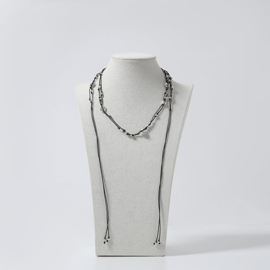 Black Cord & Clear Bead Multi-Layer Lariat Necklace