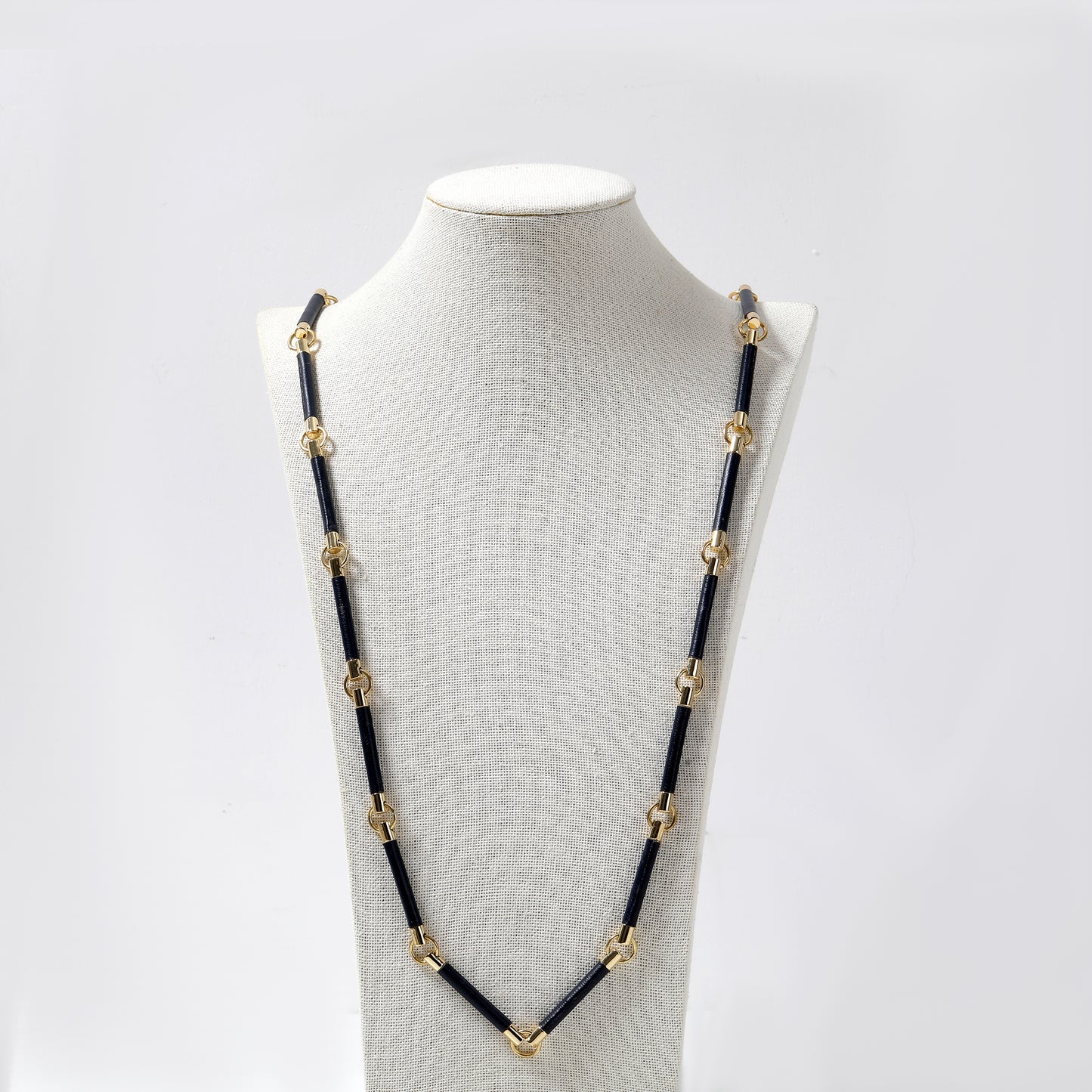 Black Cord & Gold Metal Linked Long Necklace