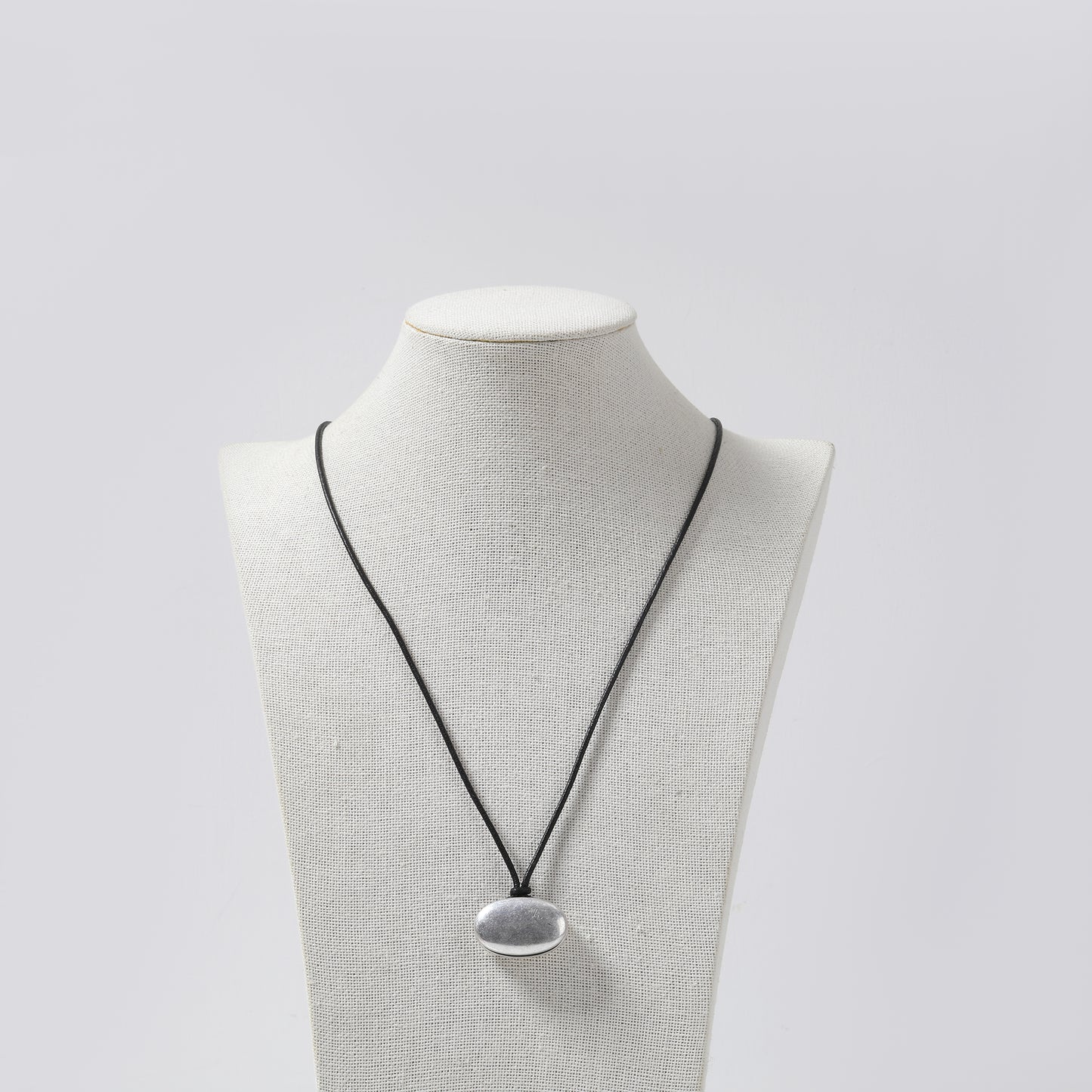 Black Cord & Silver Oval Pendant Necklace