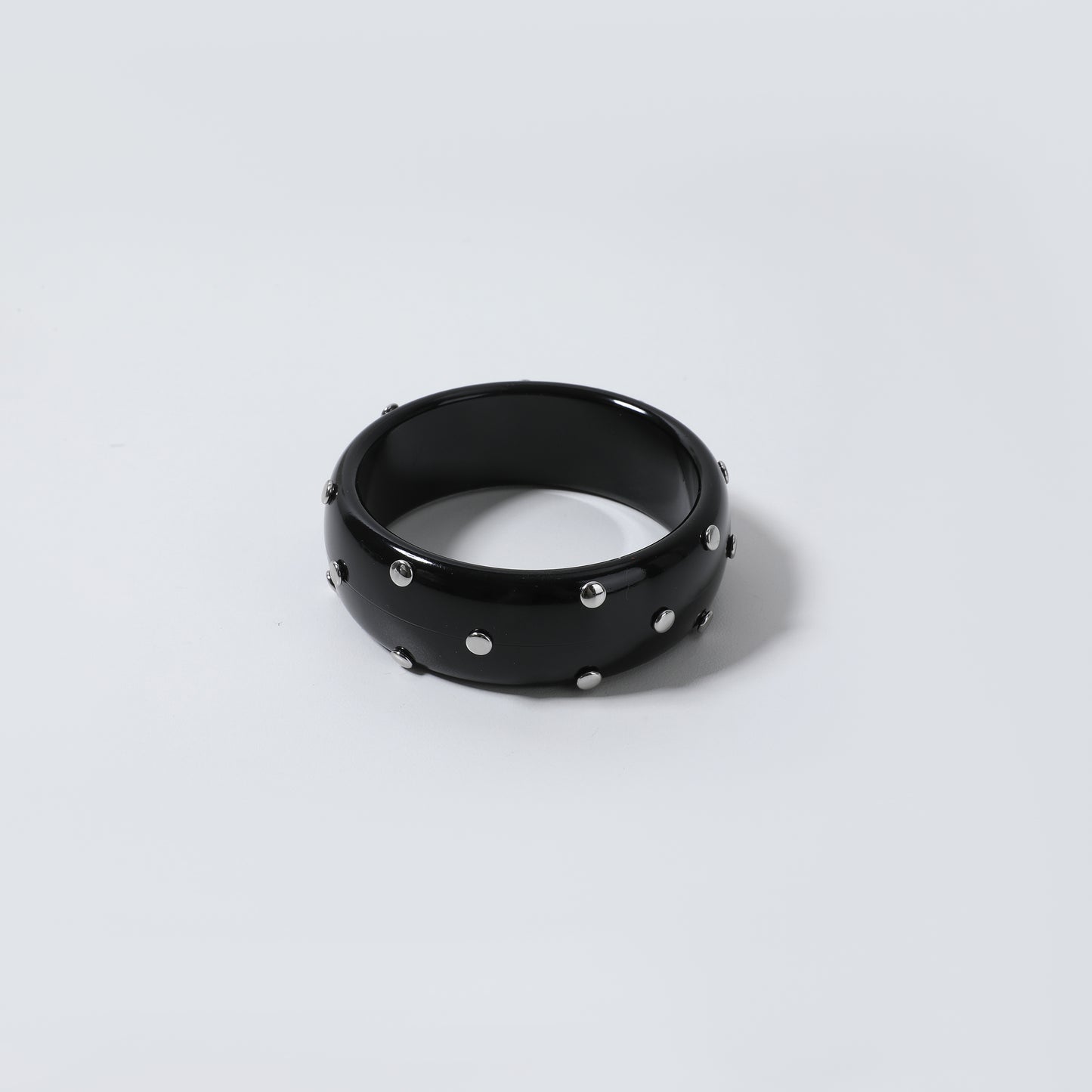 Black Glossy Resin Bangle Bracelet with Silver Polka Dot Inlay