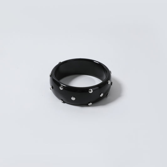 Black Glossy Resin Bangle Bracelet with Silver Polka Dot Inlay