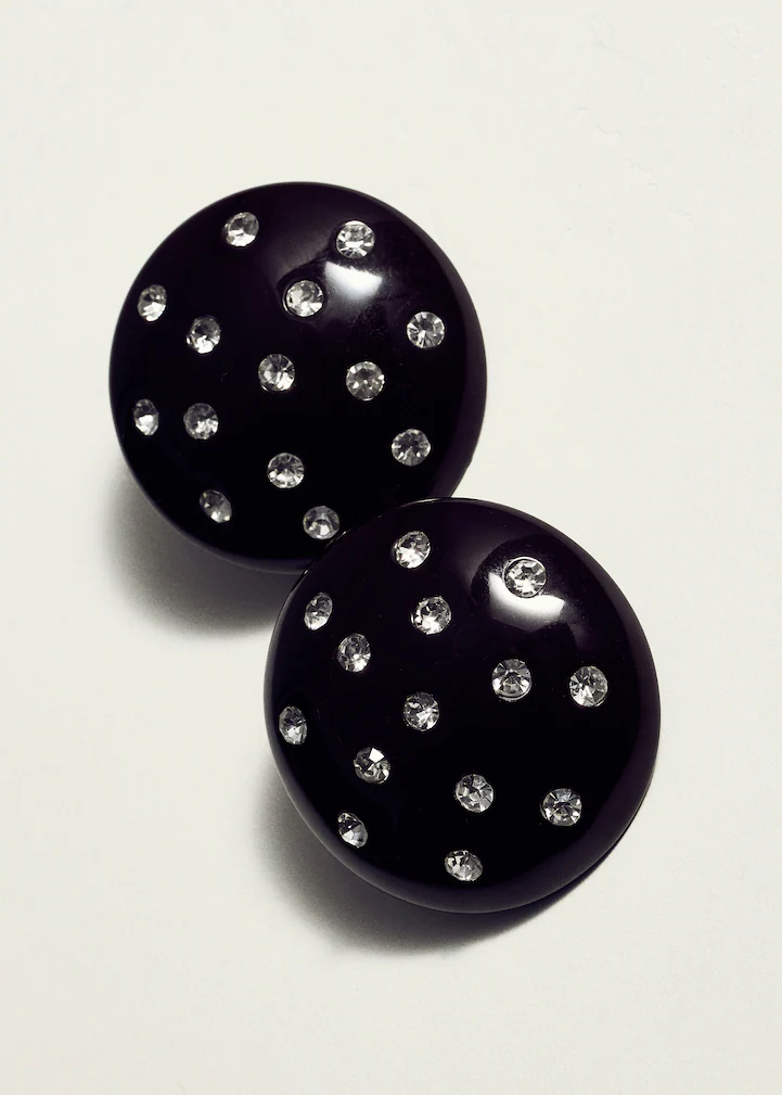 Black Resin Disc with Clear Crystal Stud Earrings