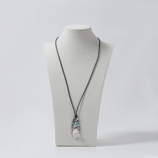 Black & White Marbled Teardrop with Turquoise & Shell Pendant Necklace