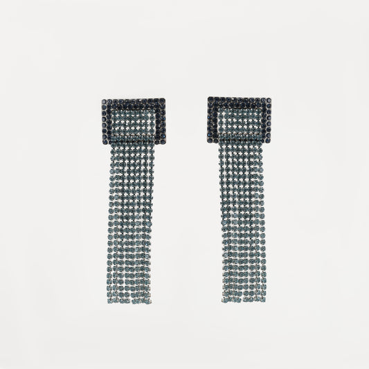 Black and blue crystal tassel drop earring with square top