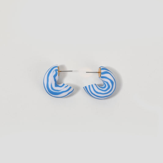 Blue-and-White Striped Polymer Clay C-shaped Stud Earrings