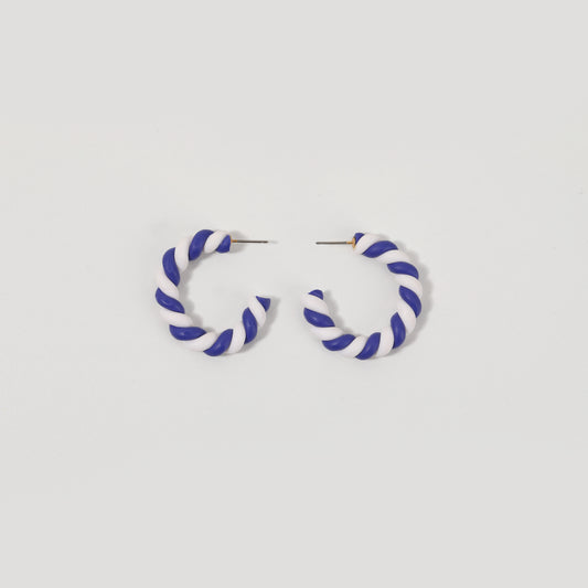 Blue-and-White Twisted Clay C-shaped Hoop Earrings