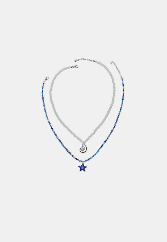 Blue Beaded Star & Shell Layered Necklace Set