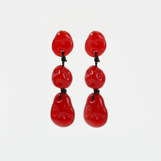 Bright red glass triple-drop earrings