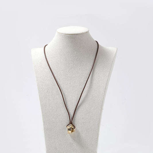 Brown Cord & Gold Irregular Pendant Necklace