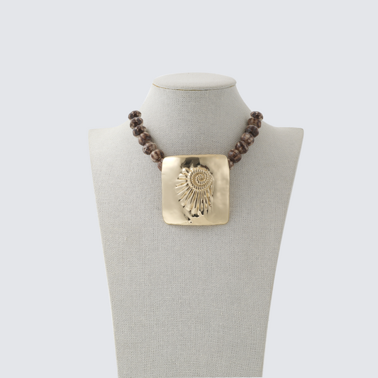 Brown Marbled Bead & Gold Nautilus Square Pendant Necklace
