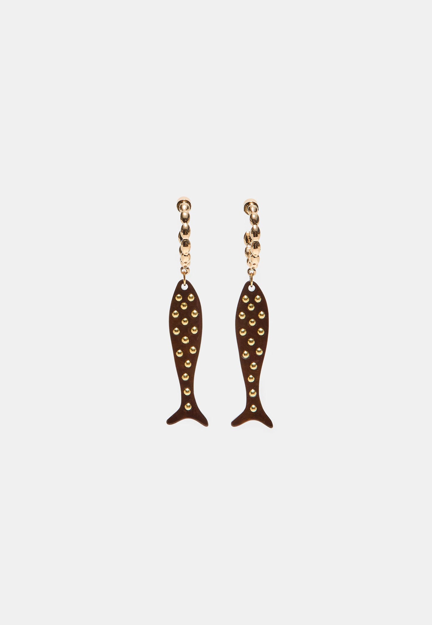 Brown Resin Fish Drop Earrings with Gold Beads