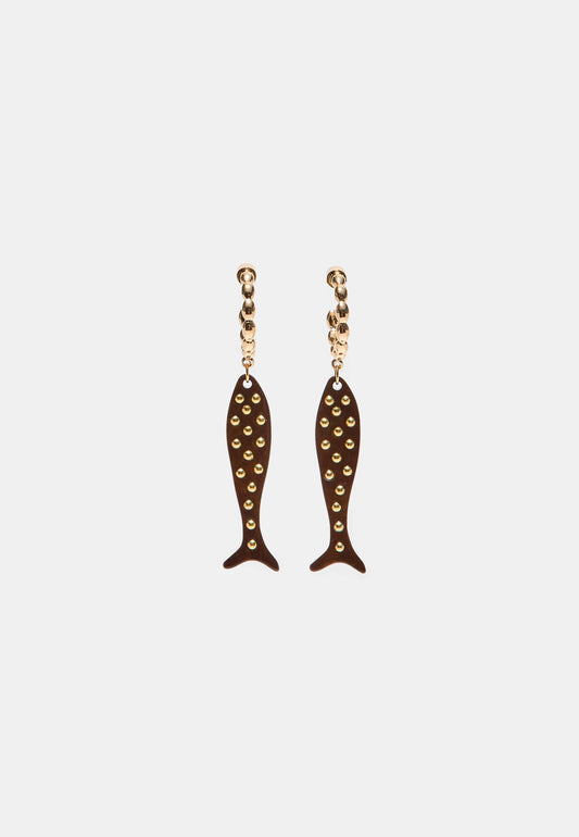 Brown Resin Fish Drop Earrings with Gold Beads