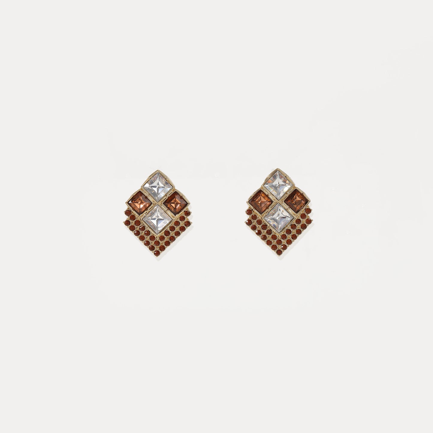 Brown and clear crystal diamond-shaped mosaic stud earring