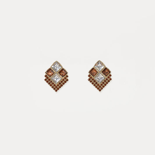 Brown and clear crystal diamond-shaped mosaic stud earring