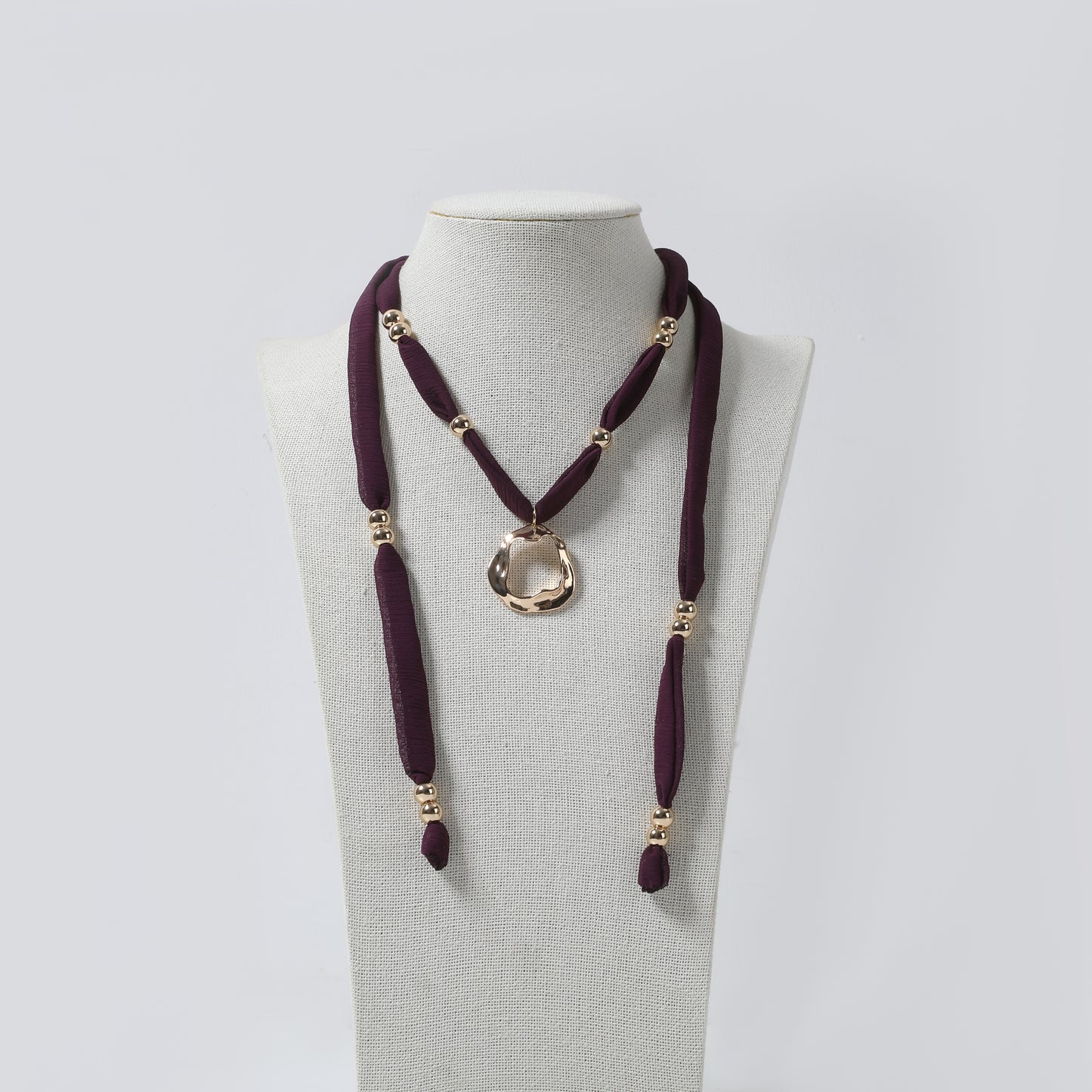 Burgundy Fabric Cord & Gold Irregular Pendant Lariat Necklace