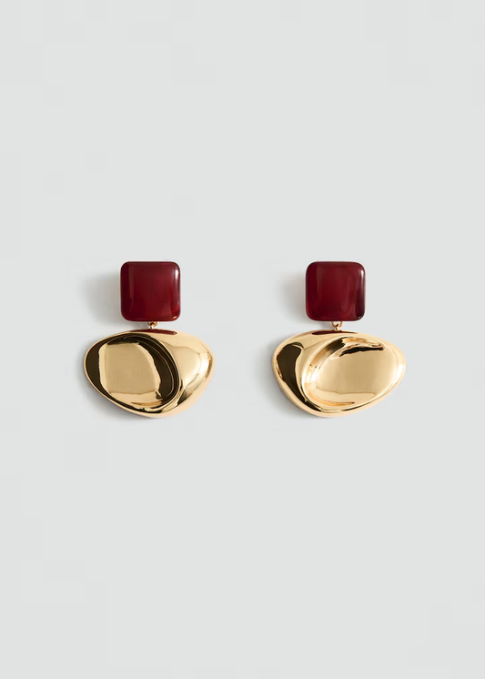 Burgundy Square Resin Irregular Curved Gold Drop Earrings