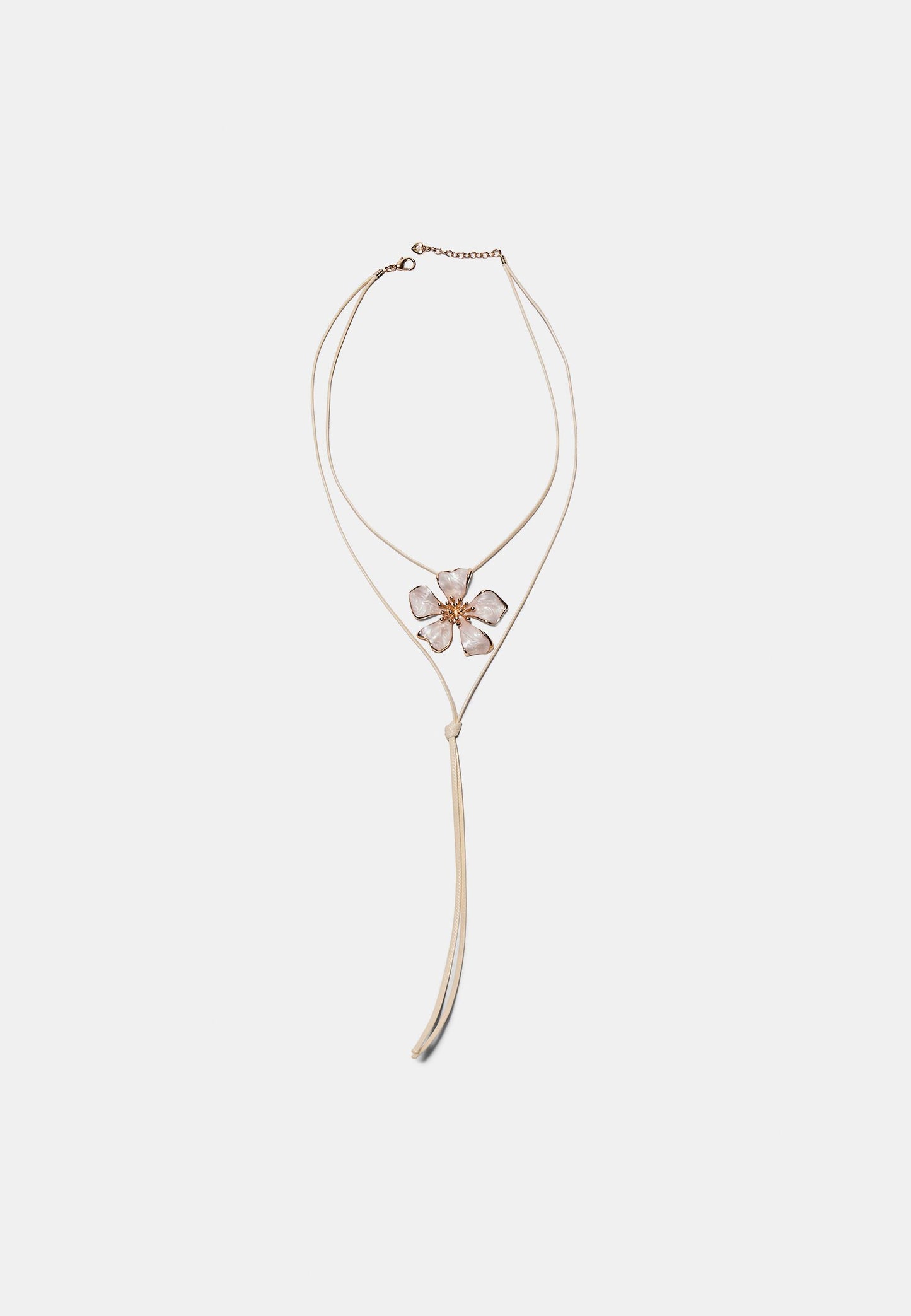Cream Cord Lariat Necklace with Pink Enamel Flower Pendant