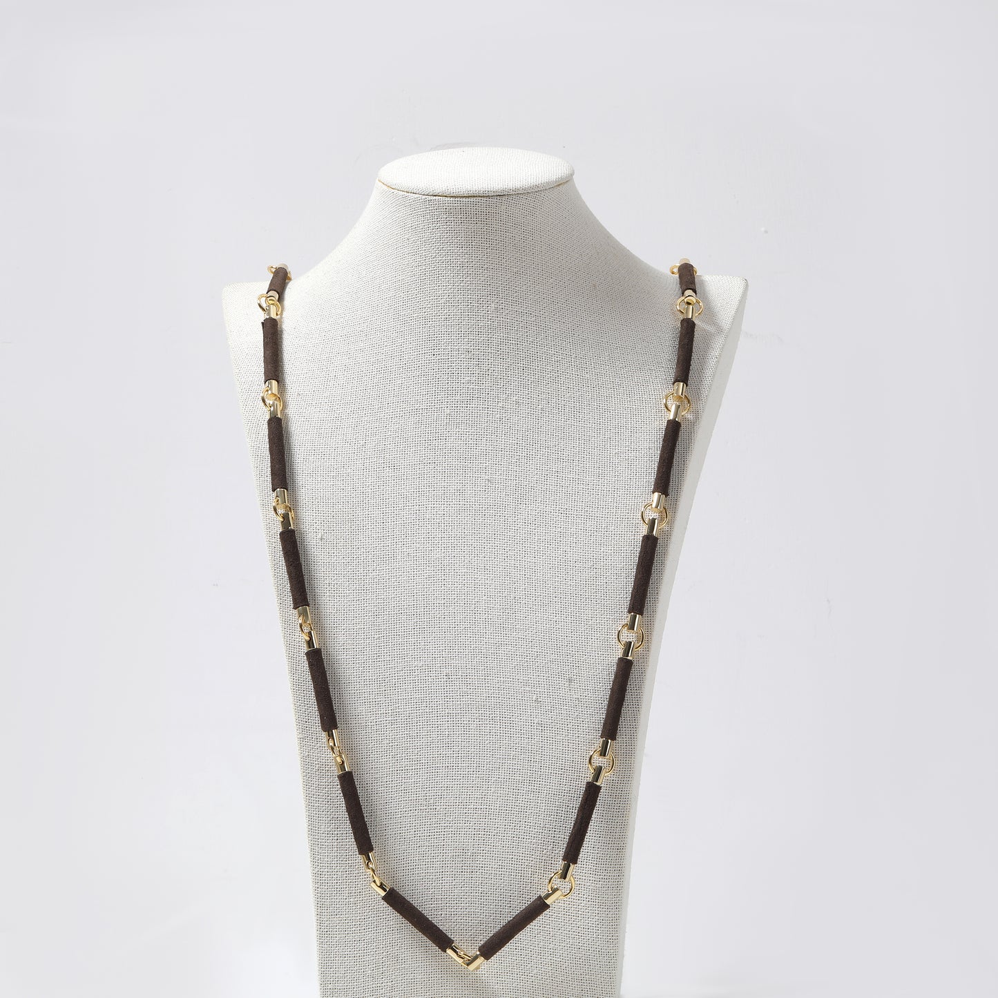 Dark Brown Cord & Gold Metal Linked Long Necklace