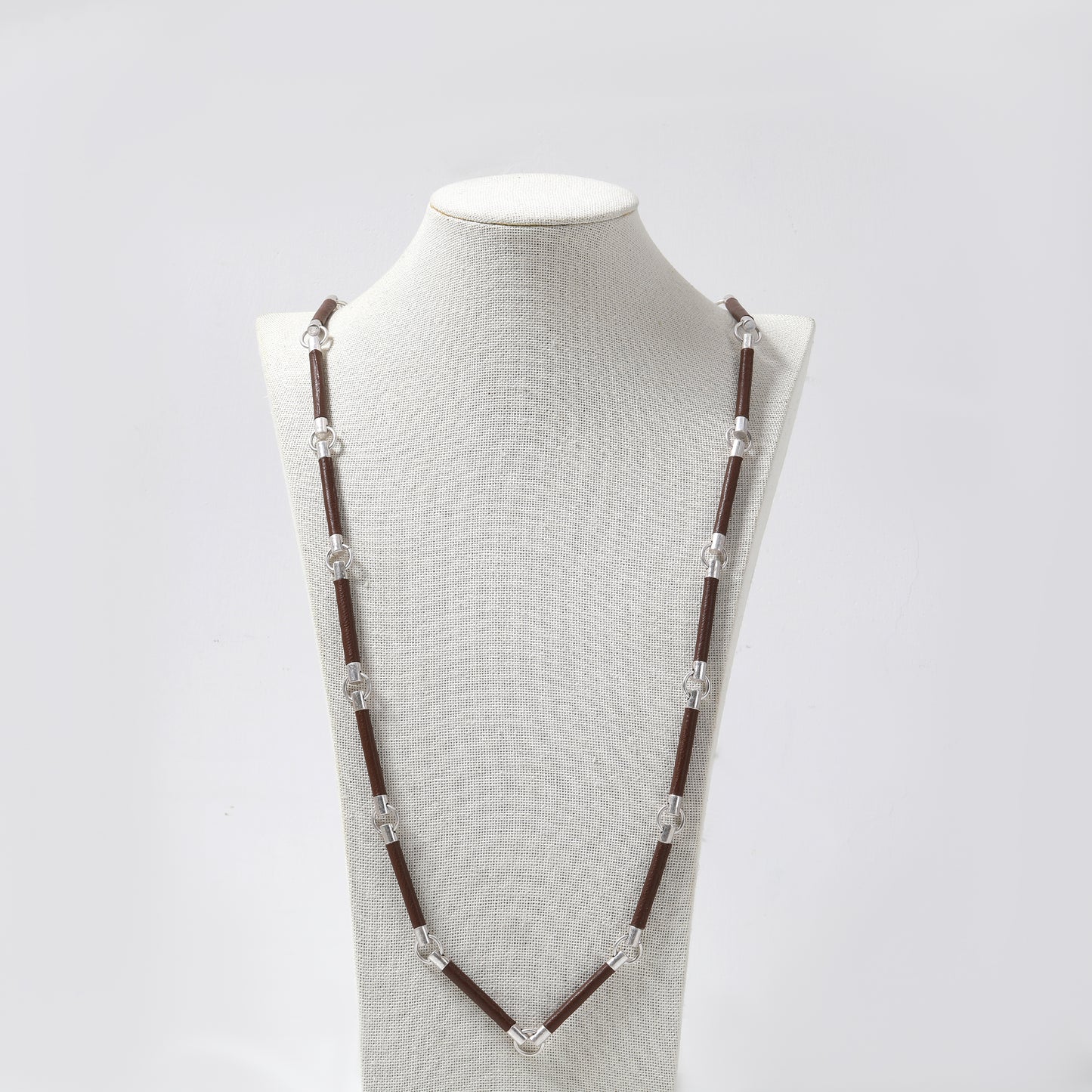 Dark Brown Cord & Silver Metal Linked Long Necklace