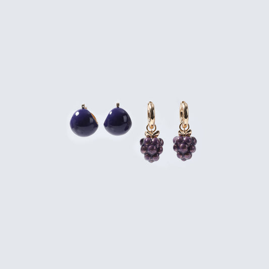 Dark Purple Enamel Dome Stud & Gold Huggie Hoops with Purple Berry Drop Earring Set