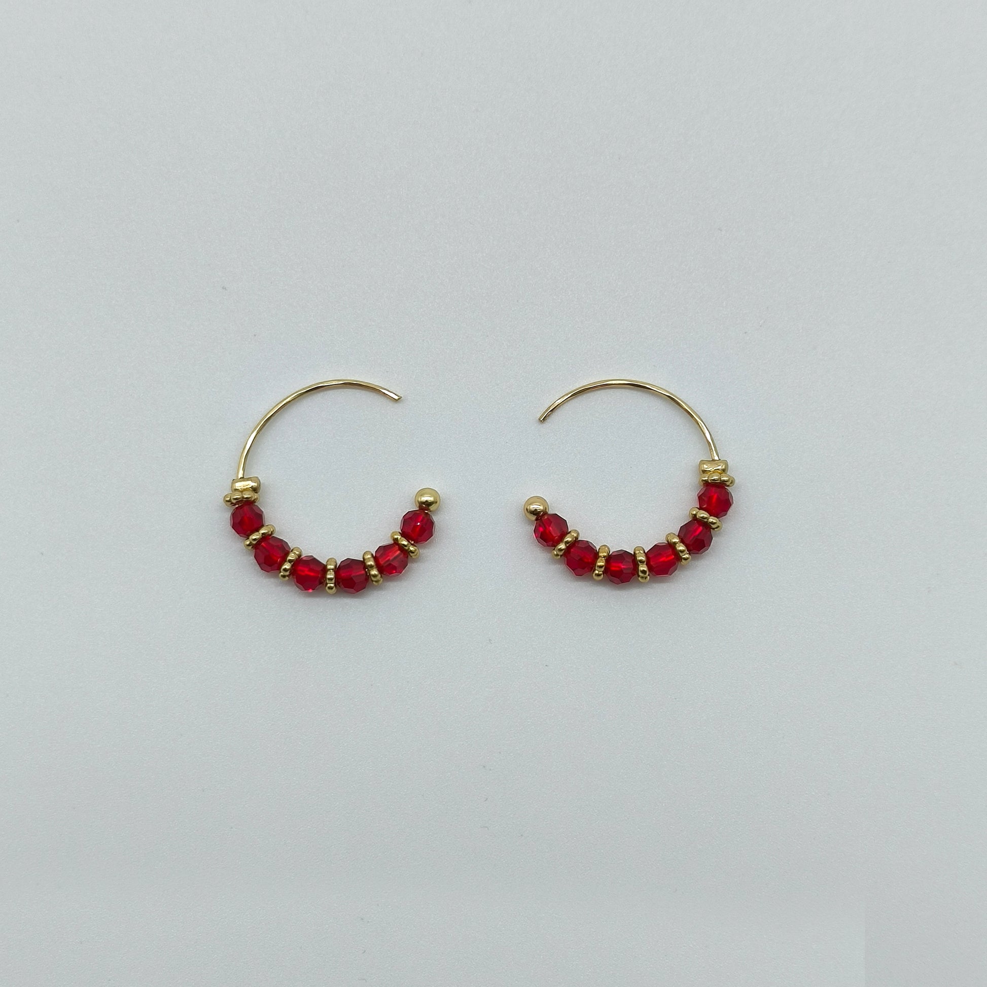 Red Glass Bead Earrings – Gold Wire Semi-Circle Hoops
