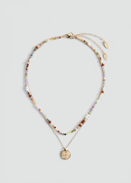 Double Layer Multi-Color Tiny Bead Coin Pendant Necklace