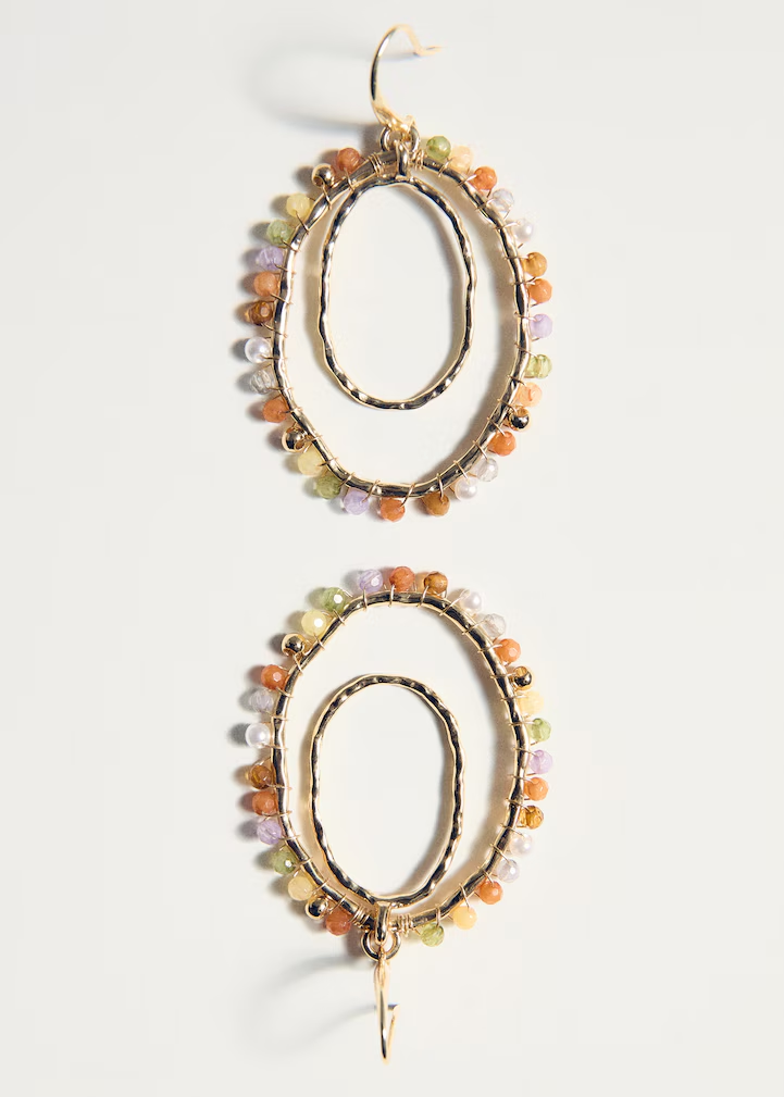 Double Oval Hoop Multi-Color Tiny Natural Stone Wire Wrapped Drop Earrings