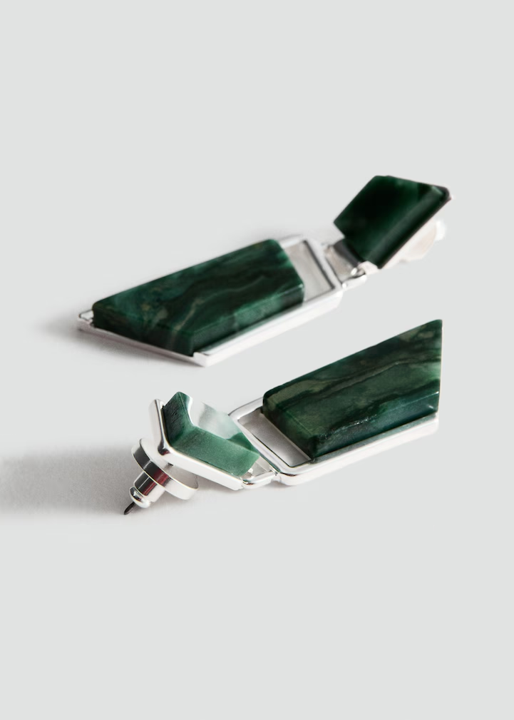 Double Tier Rectangular Green Veined Stone Silver Frame Drop Earrings