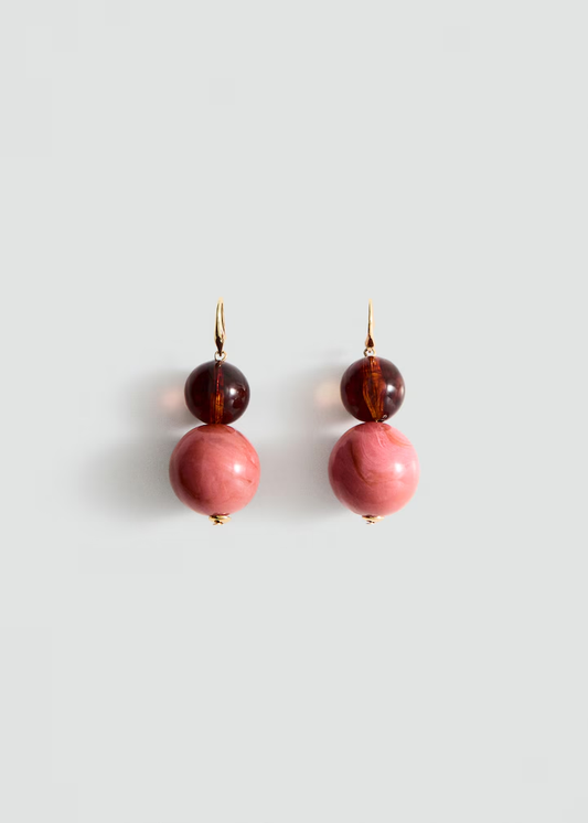 Dual Gradient Pink & Amber Round Bead Hoop Drop Earrings