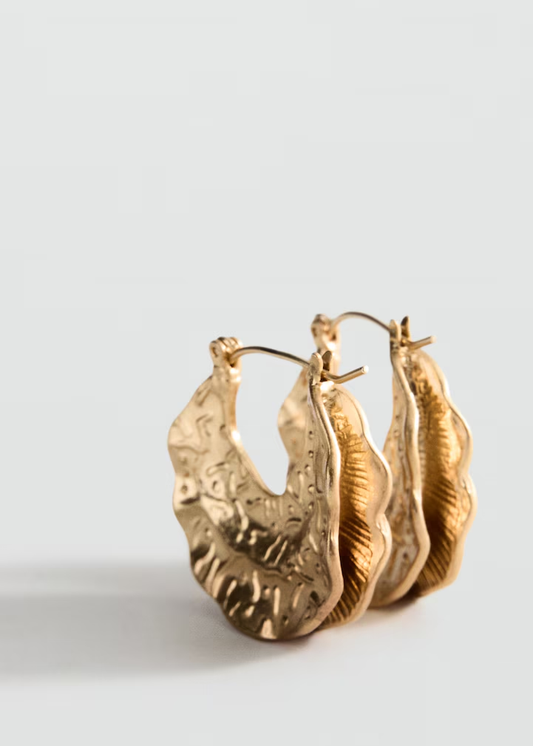 Embossed Wavy Leaf Textured Gold Hoop Earrings