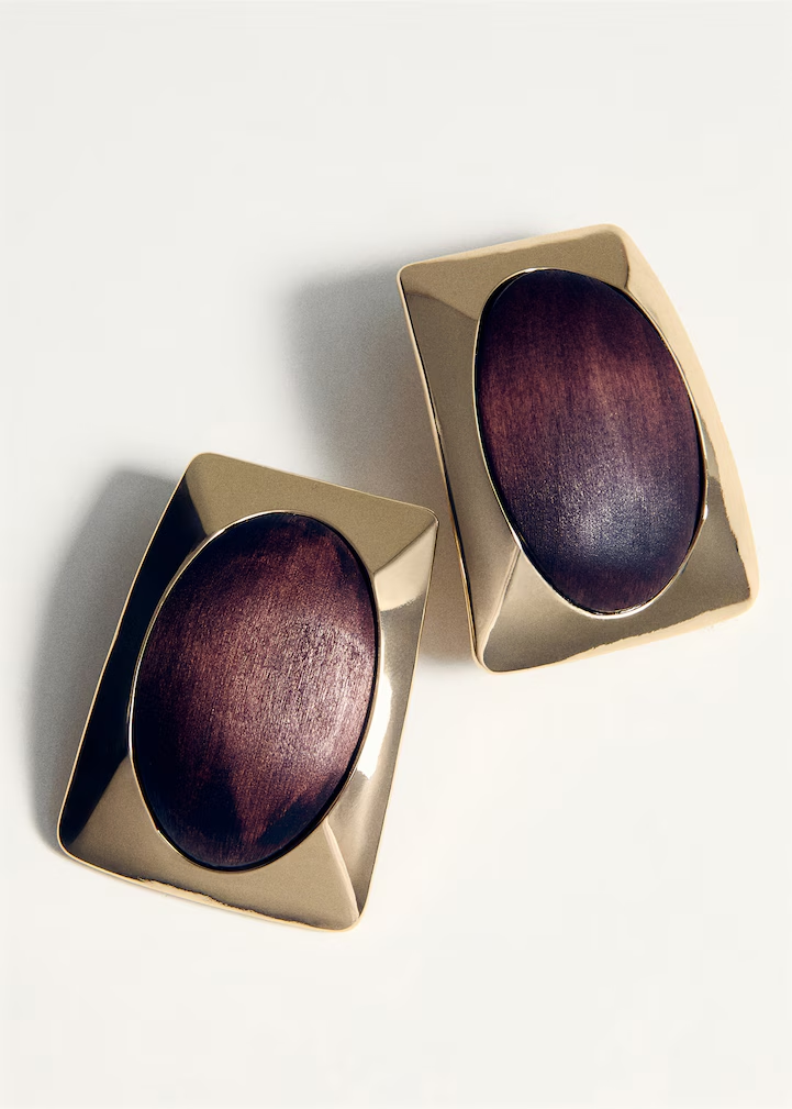 Geometric Gold Frame Inset Wood Oval Stud Earrings
