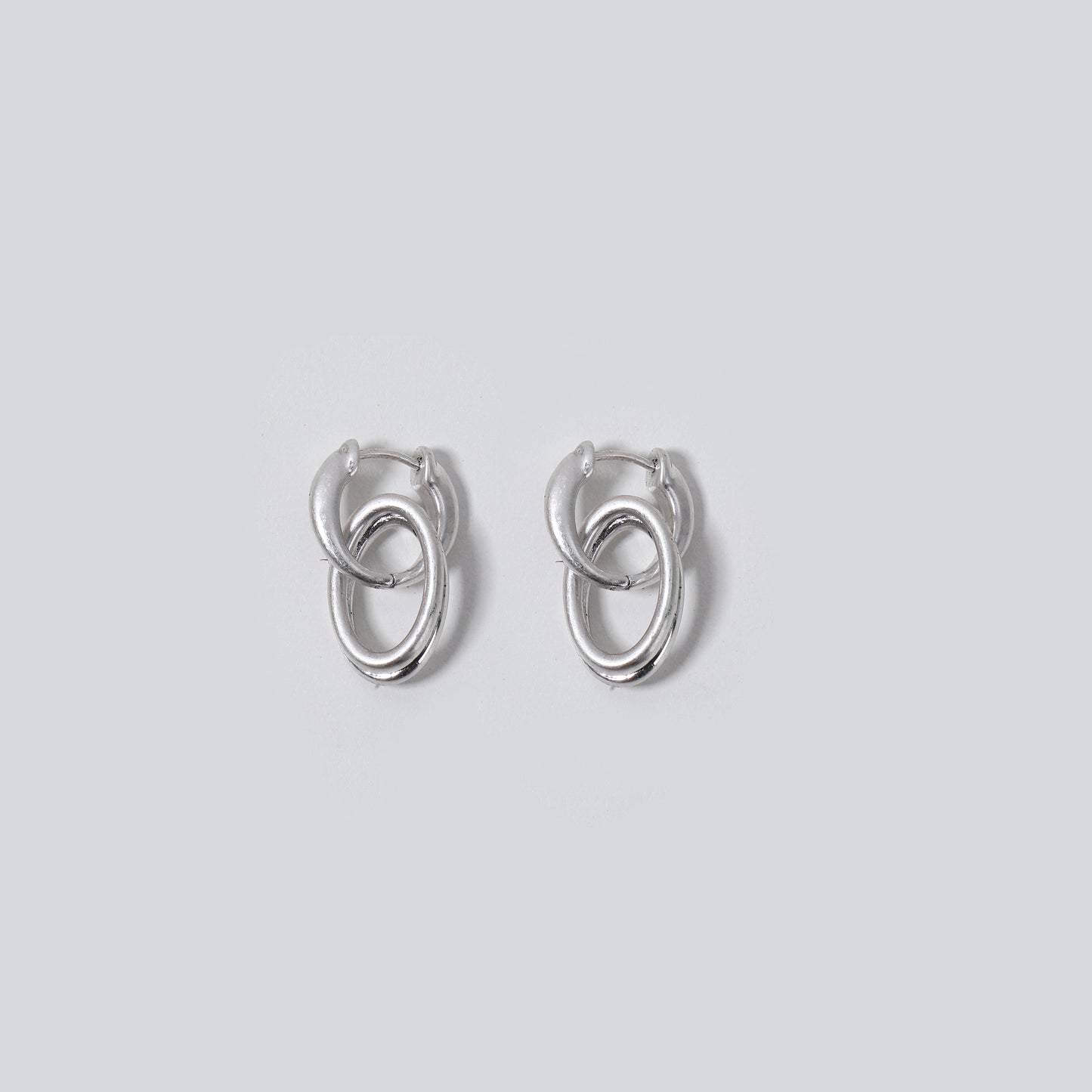 Glossy Silver Metal Linked Oval Drop Hoop Earrings