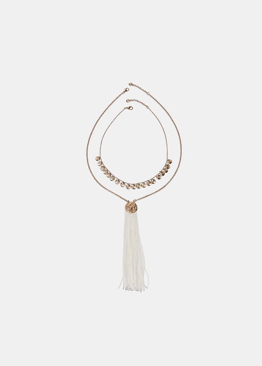 Gold-Tone Double Layer Tassel & Disc Fringe Necklace