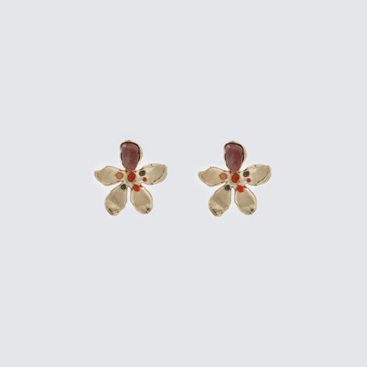 Gold Abstract Flower with Multi-Color Stone Stud Earrings