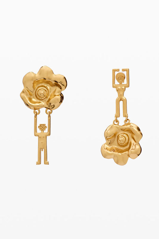 Gold Asymmetric Abstract Human & Flower Drop Earrings