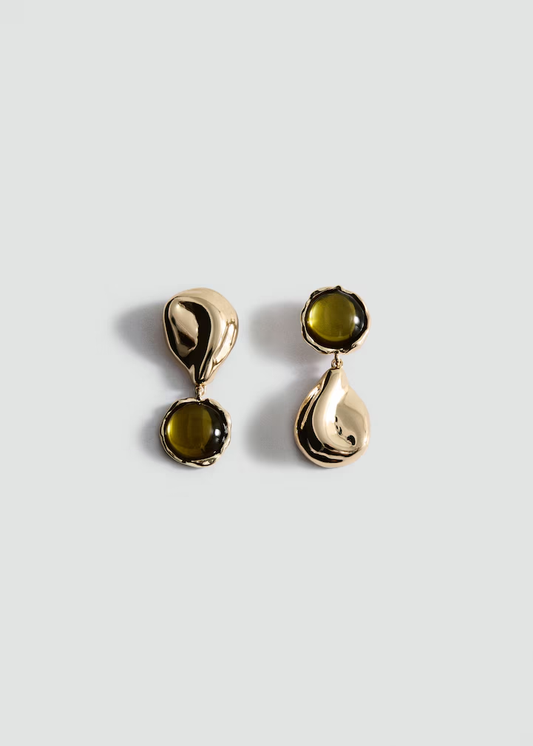 Gold Asymmetrical Green Crystal & Sculptural Disc Drop Earrings