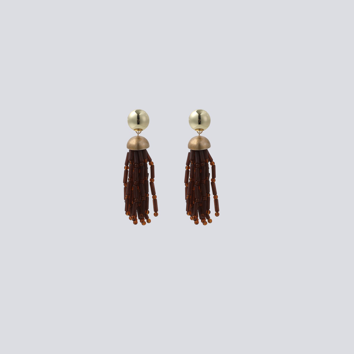 Gold Ball & Brown Beaded Tassel Drop Earrings