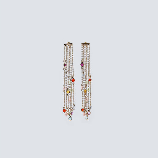 Gold Bar & Multi-Color Gemstone Fringe Drop Earrings