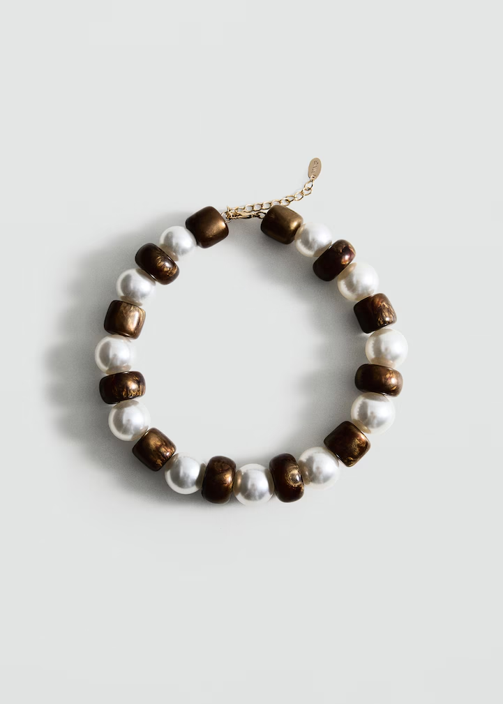 Gold Barrel Bead & Pearl Choker Necklace