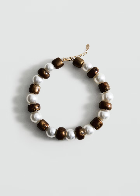 Gold Barrel Bead & Pearl Choker Necklace