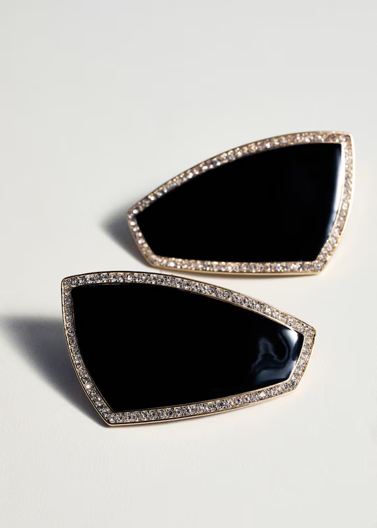 Gold Black Enamel Shield with Crystal Border Stud Earrings