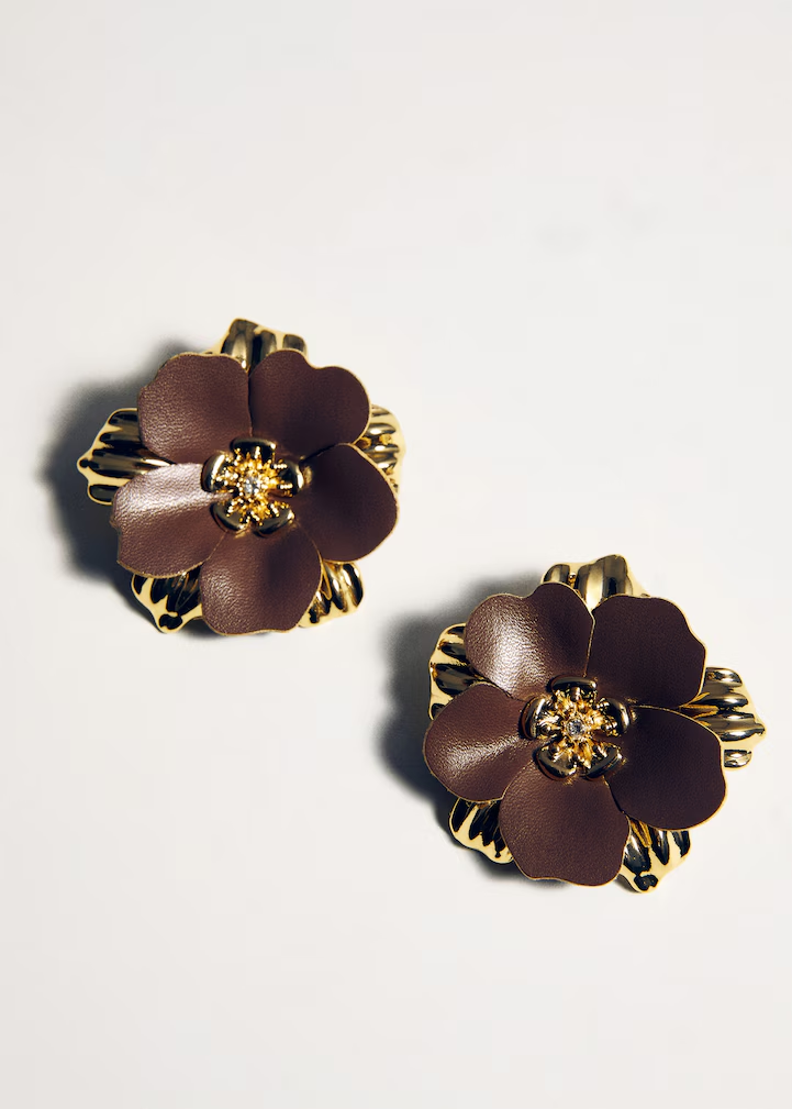 Gold Brown Leather Flower with Crystal Center Earrings