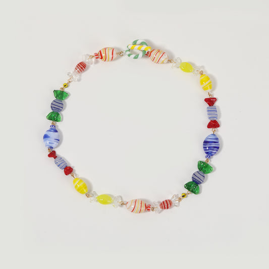 Gold Chain Multicolor Glass Candy Beaded Statement Necklace