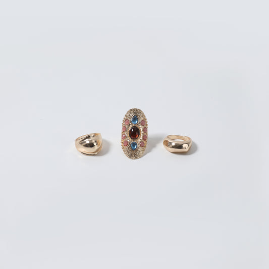 Gold Chunky Dome & Ornate Multi-Stone Oval Ring Set