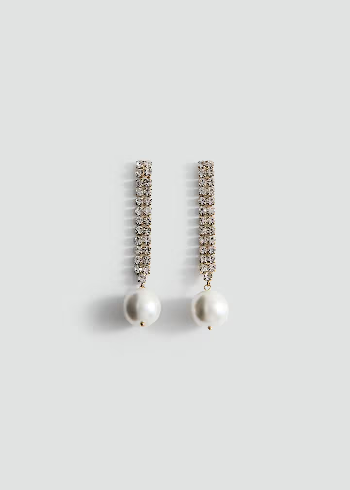 Gold Crystal Linear Drop with Pearl Earrings