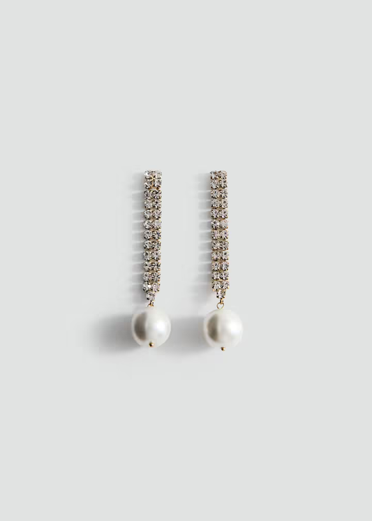 Gold Crystal Linear Drop with Pearl Earrings